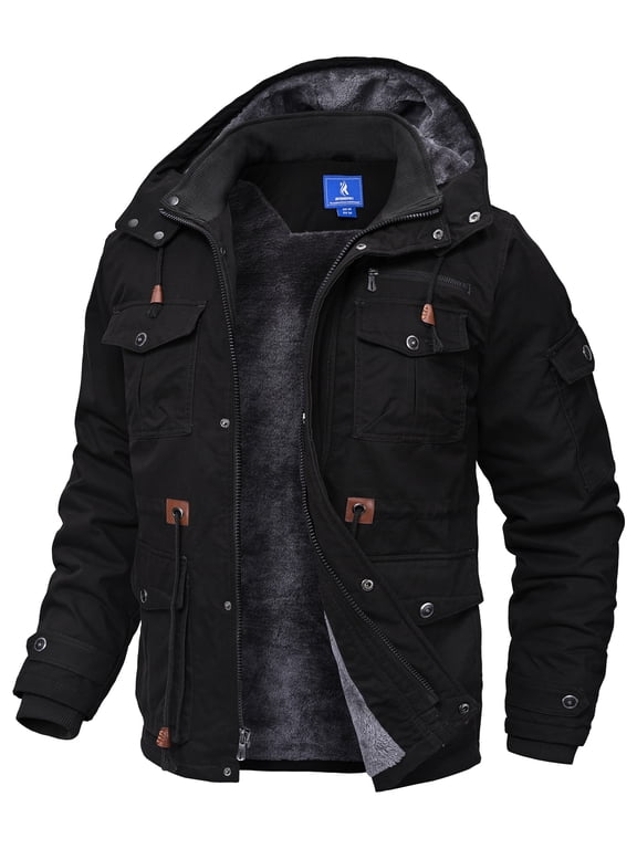 Winter Jackets for Men Fleece Lined Cotton Outdoor Winter Cargo Coats with Multi Pockets Black XL