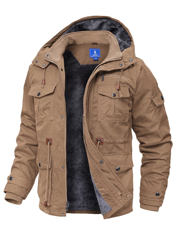 Winter Jackets for Men Fleece Lined Cotton Outdoor Winter Cargo Coats with Multi Pockets Khaki 2XL