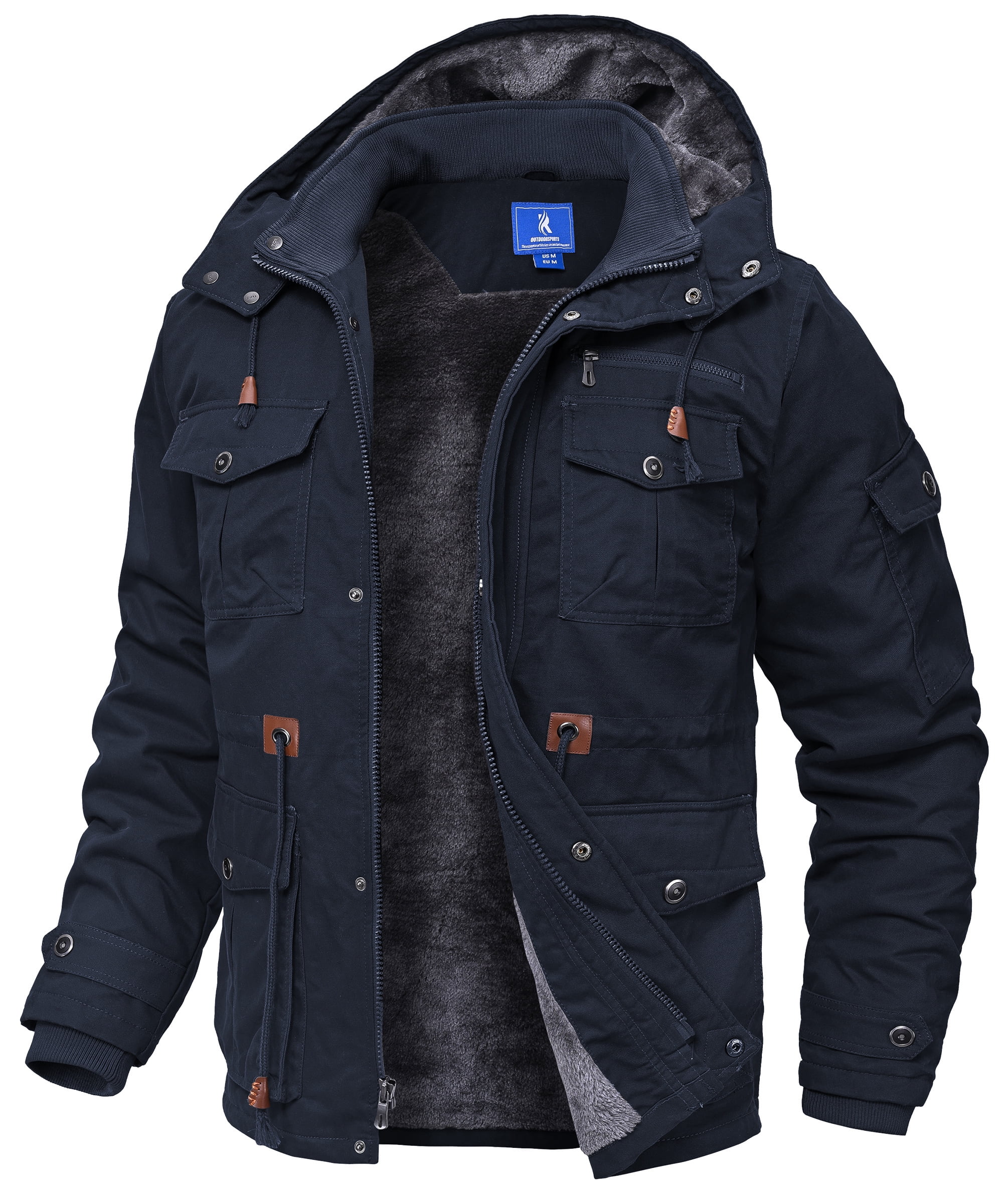 Lavenicole Winter Jackets for Men Fleece Lined Cotton Outdoor Winter Cargo Coats with Multi Pockets Navyblue 3XL