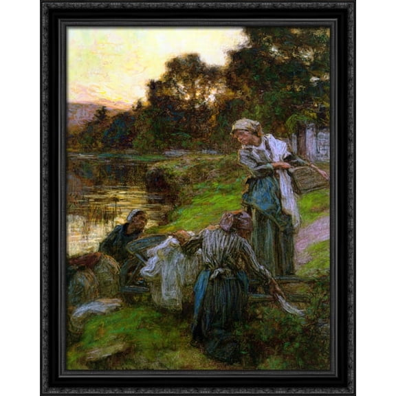 Laveuses le soir 28x34 Large Black Ornate Wood Framed Canvas Art by Leon Augustin L'Hermitte