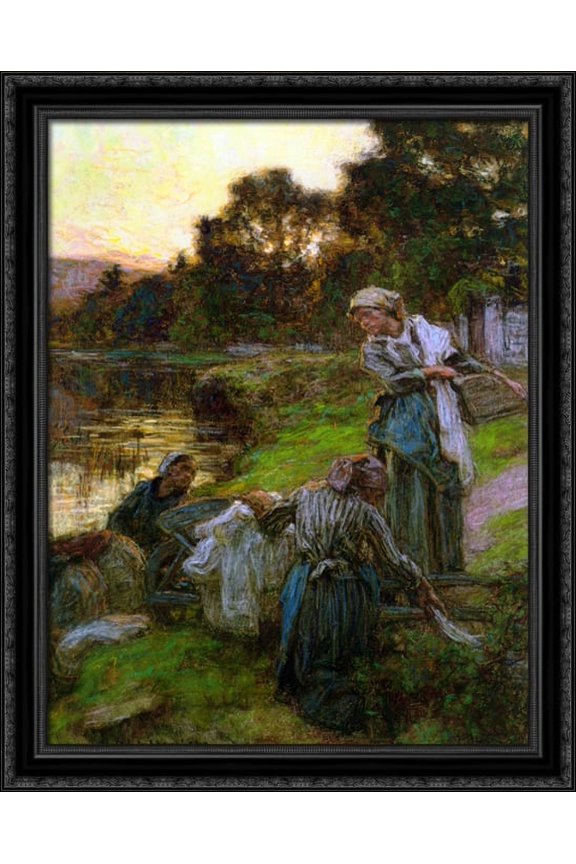 Laveuses le soir 28x34 Large Black Ornate Wood Framed Canvas Art by Leon Augustin L'Hermitte