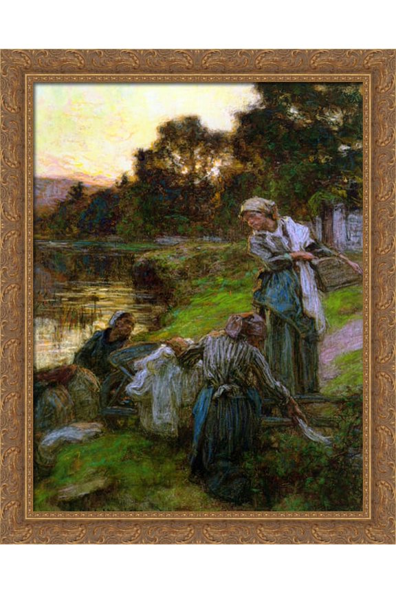 Laveuses le soir 28x34 Large Gold Ornate Wood Framed Canvas Art by Leon Augustin L'Hermitte