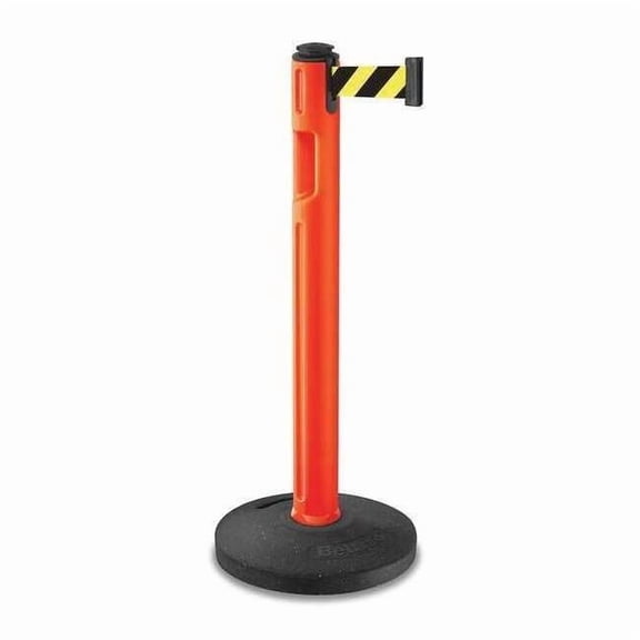 Barrier Post with Belt, Orange, 12 ft Length, 38 1/4 in Post Height, No Legend, Textured