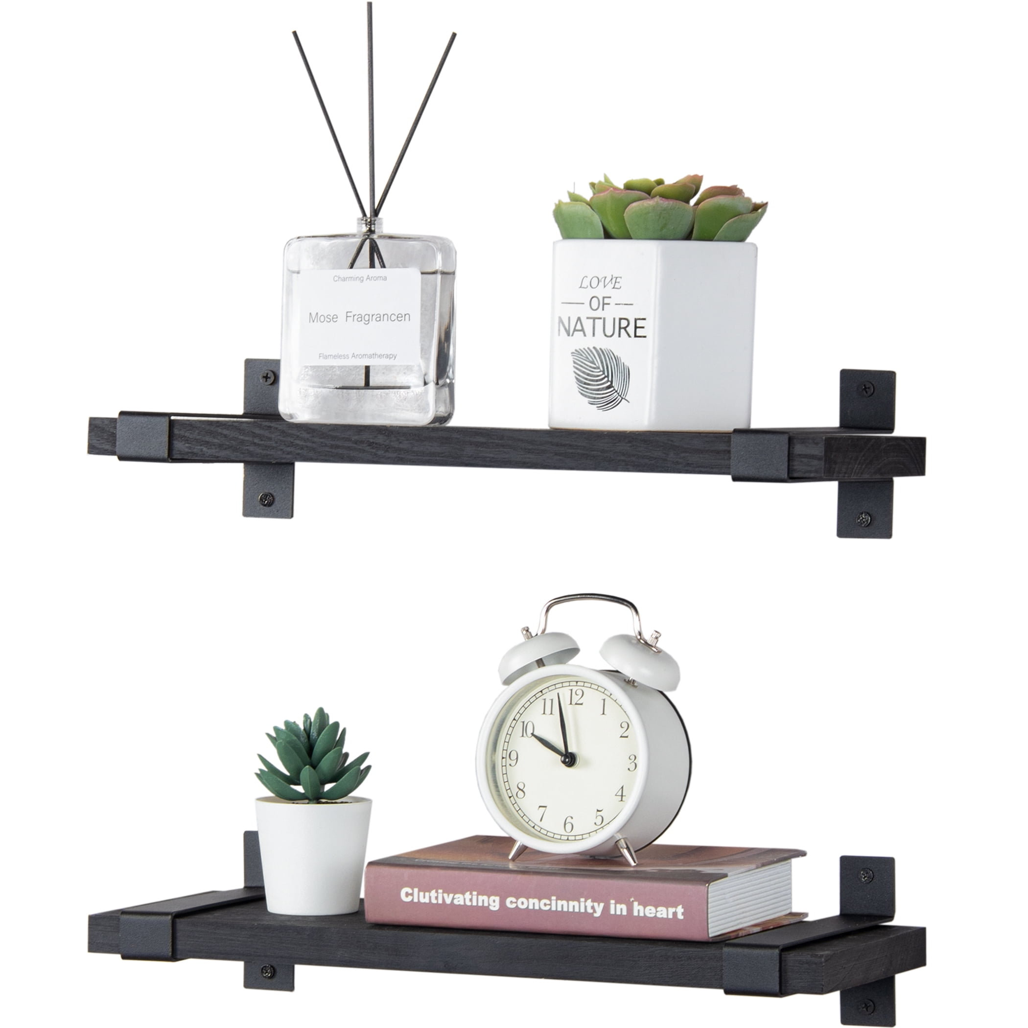 Lavievert Floating Shelves Wall Mounted Set of 2, Rustic Wood Wall Storage Shelves for Bedroom, Living Room, Bathroom, Kitchen, Office - Black