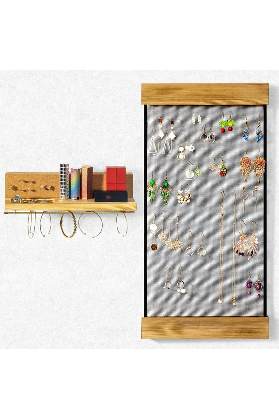 Hanging Earring Organizer, Vintage Rustic Stud Earring Display, Set of 2 Wall Mounted Jewelry Organizer Holder with Shelf & Removable Rod for Earrings Rings Necklaces Bracelet - Brown