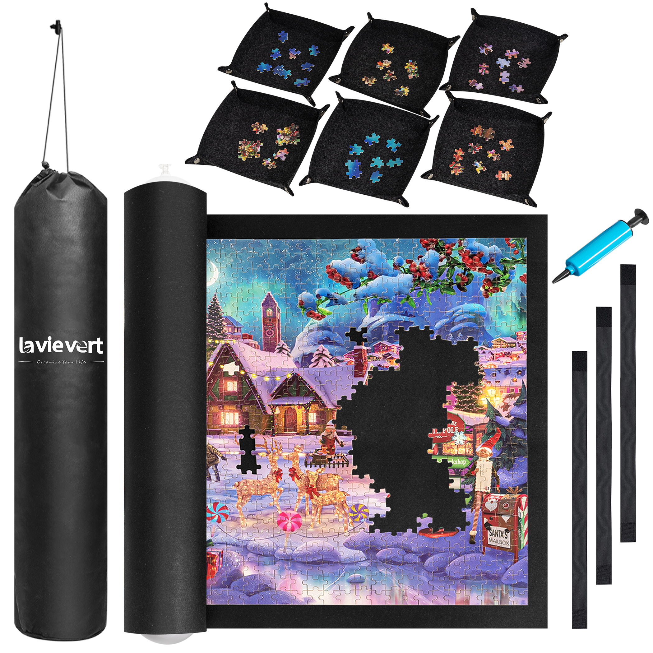 Tapis Rangement Puzzle Lavievert - Rouleau En Feutre + Tube Gonflable - Pour Puzzles Jusqu'à 1500 Pièces - Facile à Rouler