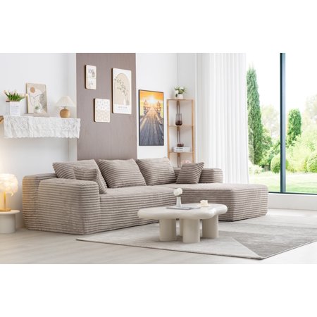 Lavii Collection Sectional Sofa Modular Couch, L-Shaped Modern Corduroy Sofa with Pillows and Square Arm Design for Living Room, 3-Seat Sofa with Right Arm Facing Chaise, Oyster Grey