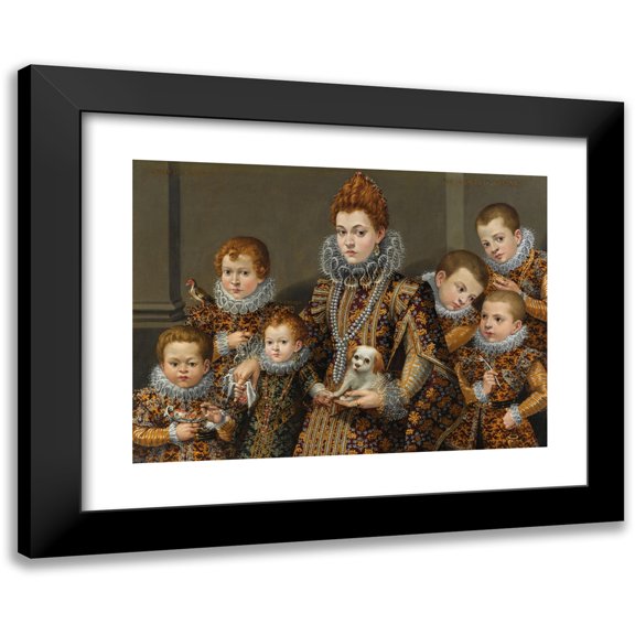 Lavinia Fontana 24x19 Black Modern Framed Museum Art Print Titled - Portrait of Bianca Degli Utili Maselli Holding a Dog and Surrounded by Six of Her Children
