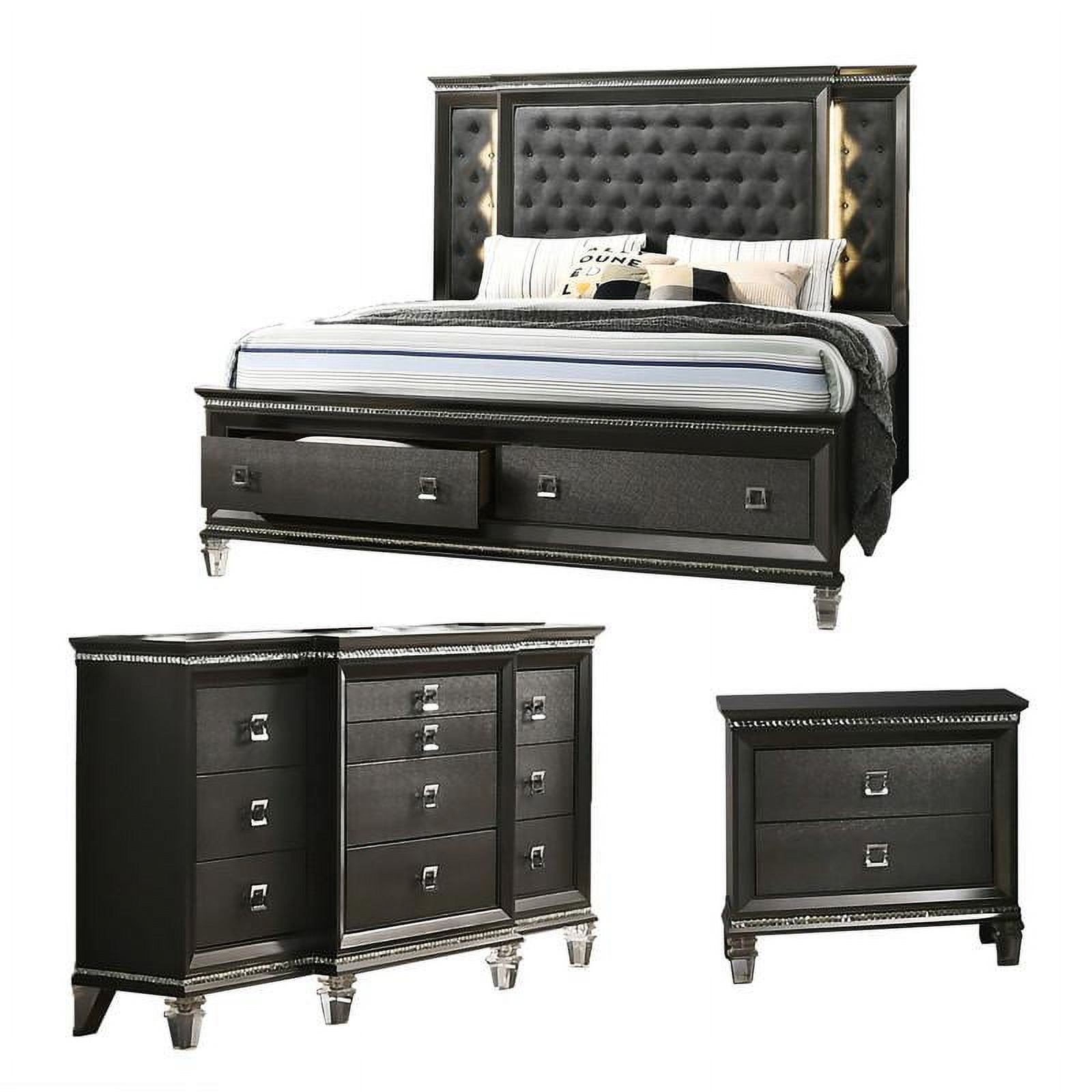 Lavish 3 Piece Gray Bedroom Set with Light up Headboard in Queen Size