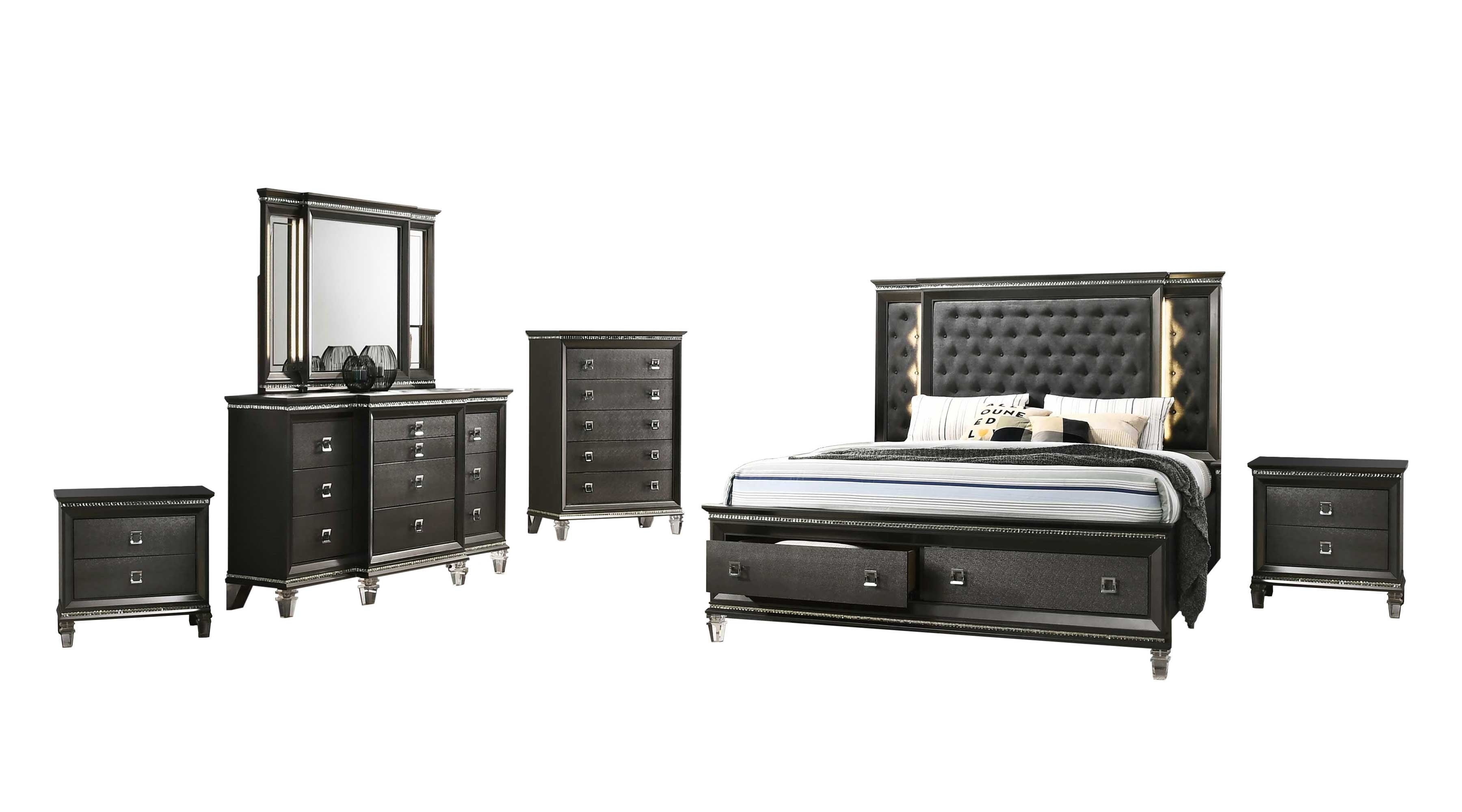 Lavish 6 Piece Gray Bedroom Set with Light up Headboard in Eastern King ...