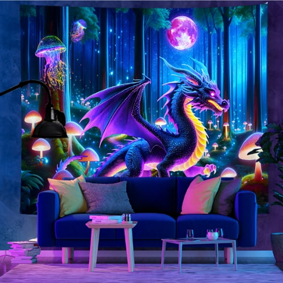 Lavish Cover 100% Polyester UV Reactive Dinosaurs in Enchanted Forest Tapestry, Machine Washable Wall Hanging for Home Decor/Room Decor/Party Decor, 70" x 118"