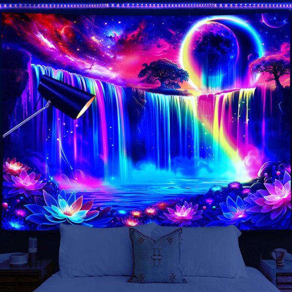 Lavish Cover 100% Polyester UV Reactive Rainbow Waterfall in Outer Space Tapestry, Machine Washable Wall Hanging for Home Decor/Room Decor/Party Decor, 51" x 59"
