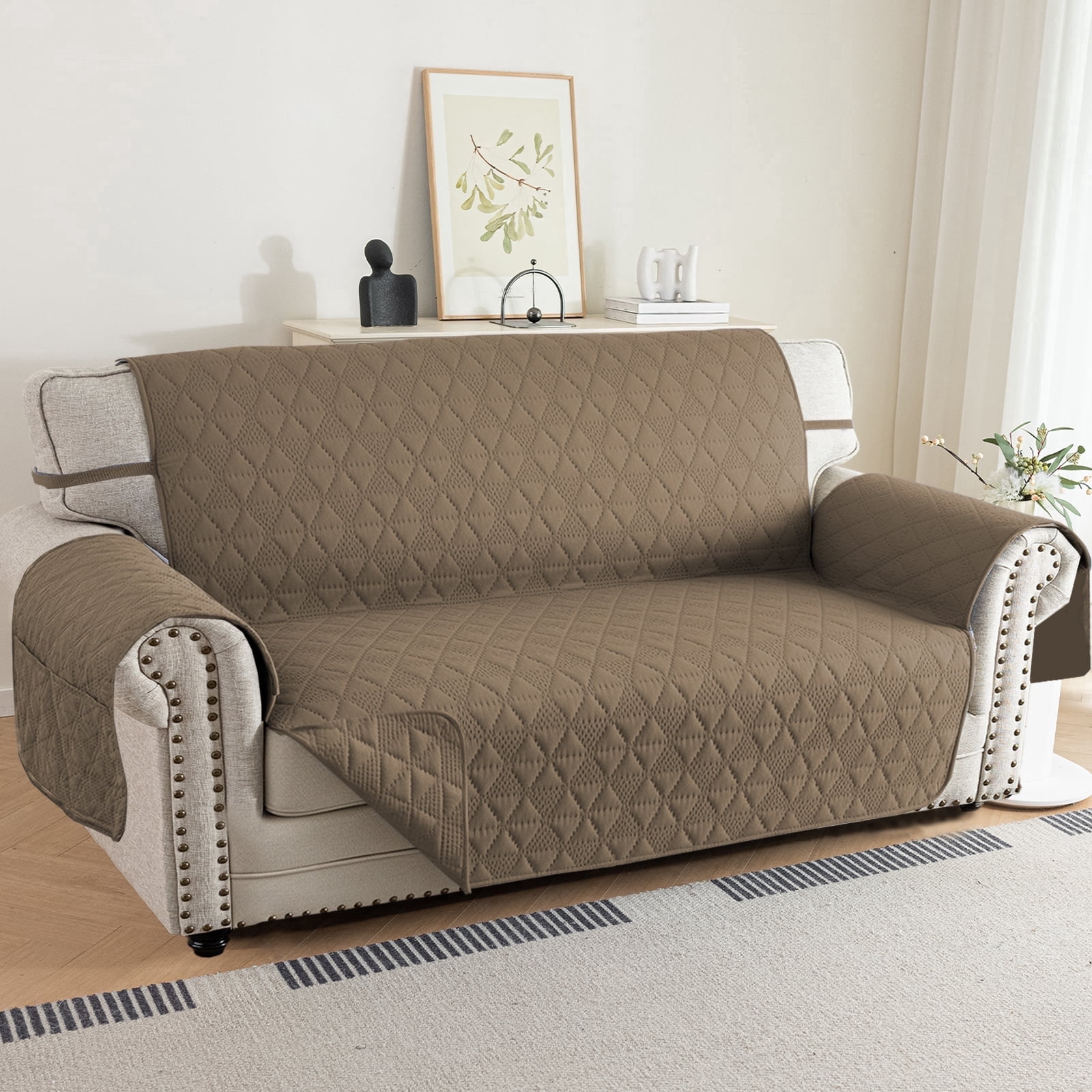 Lavish Cover 100% Waterproof Sofa Cover, 3 Seat Non-Slip Couch Slipcovers, Washable Furniture Protector with Pockets & Elastic Straps for Kids Pets, 3 Seaters, Gray Brown