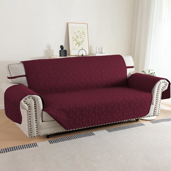 Lavish Cover 100% Waterproof Sofa Cover, 4 Seat Non-Slip Couch Slipcovers, Washable Furniture Protector with Pockets & Elastic Straps for Kids Pets, 4 Seaters, Wine Red