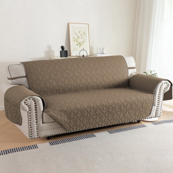 Lavish Cover 100% Waterproof Sofa Cover, 4 Seat Non-Slip Couch Slipcovers, Washable Furniture Protector with Pockets & Elastic Straps for Kids Pets, 4 Seaters, Gray Brown