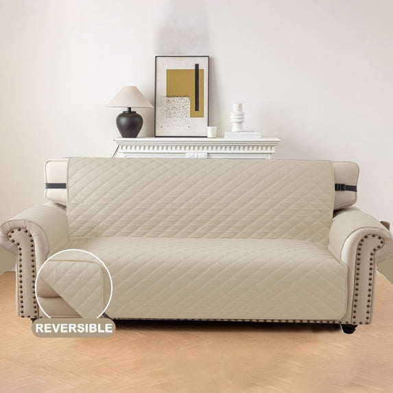 Lavish Cover 100% Waterproof Sofa Cover, 3 Seat Non-Slip Couch Slipcovers, Washable Furniture Protector with Pockets & Elastic Straps for Kids Pets, 3 Seaters, Beige