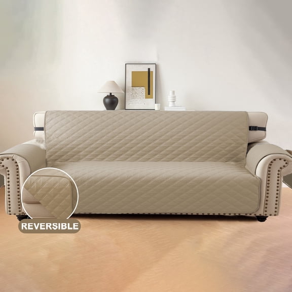Lavish Cover 100% Waterproof Sofa Cover, 4 Seat Non-Slip Couch Slipcovers, Washable Furniture Protector with Pockets & Elastic Straps for Kids Pets, 4 Seaters, Khaki