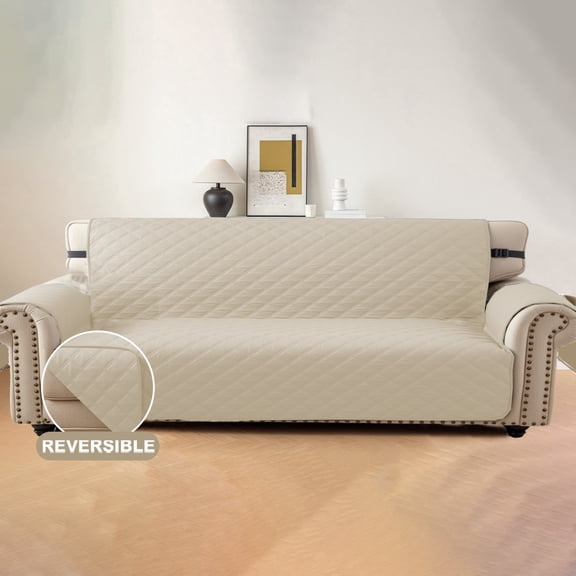 Lavish Cover 100% Waterproof Sofa Cover, 4 Seat Non-Slip Couch Slipcovers, Washable Furniture Protector with Pockets & Elastic Straps for Kids Pets, 4 Seaters, Beige