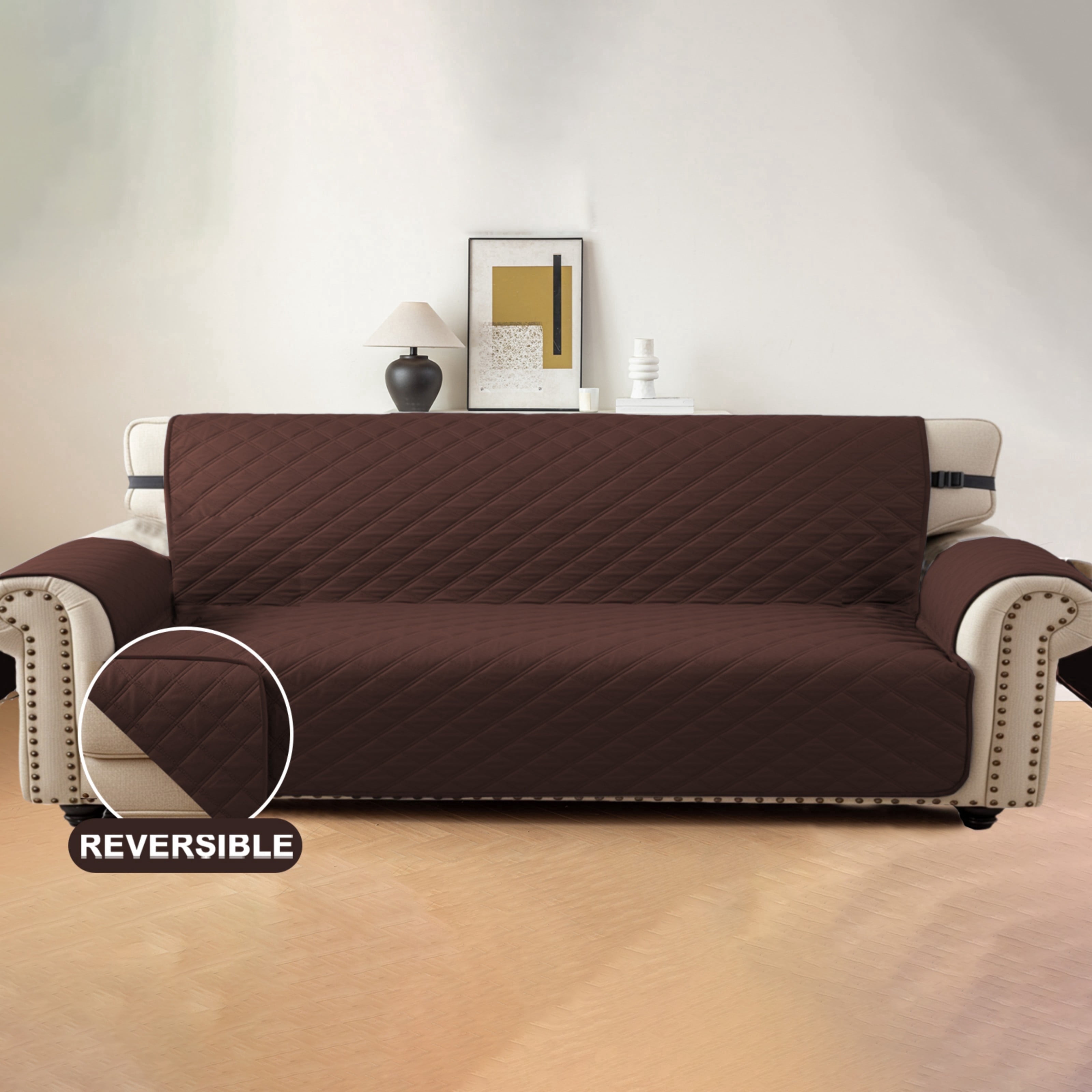 Lavish Cover 100% Waterproof Sofa Cover, 4 Seat Non-Slip Couch Slipcovers, Washable Furniture Protector with Pockets & Elastic Straps for Kids Pets, 4 Seaters, Dark Coffee
