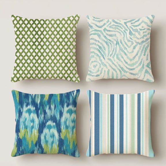 Lavish Cover 14×14 Inch Sage Teal Ikat Zebra Plaid Stripe Printed Linen Throw Pillow Cover, Coastal Fresh Neutral Sofa Decor Cushion Cover, No Pillow Insert