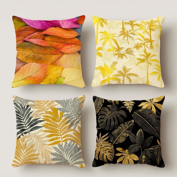 Lavish Cover 14×14 Inch Tropical Golden Leaf Fall Pillow Cover, Bohemian Metallic Palm Maple Autumnal Cushion Case for Sofa Bedroom, No Insert