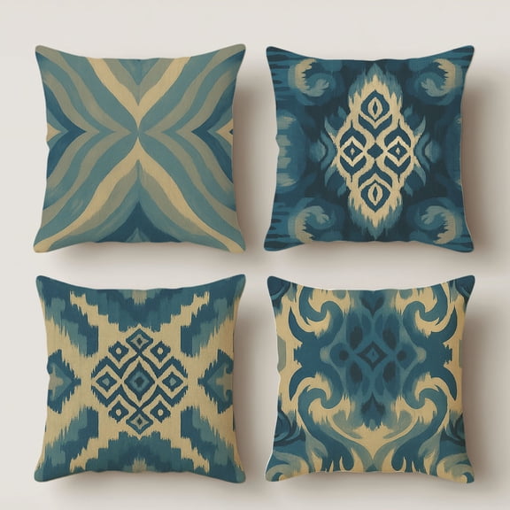 Lavish Cover 14x14 Inch Blue Yellow Ikat Geometric Pillow Cover, Boho Decor Cushion, No Insert