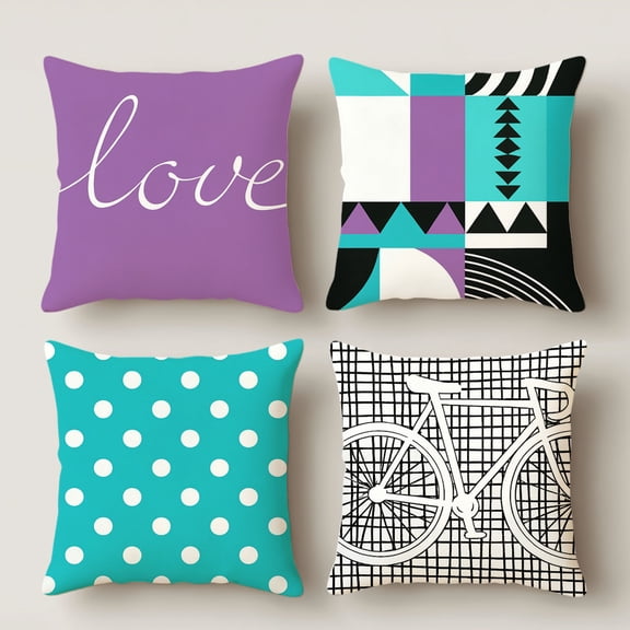 Lavish Cover 14x14 Inch Linen Pillow Cover, Purple & Teal Print Decor Cushion, No Insert