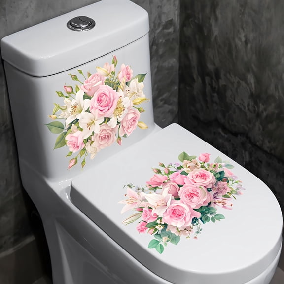 Lavish Cover 2-Pack Floral Toilet Decal Stickers, Waterproof Removable Watercolor Rose & Lily Toilet Decor, Self-Adhesive Bathroom Decals for Tank & Seat