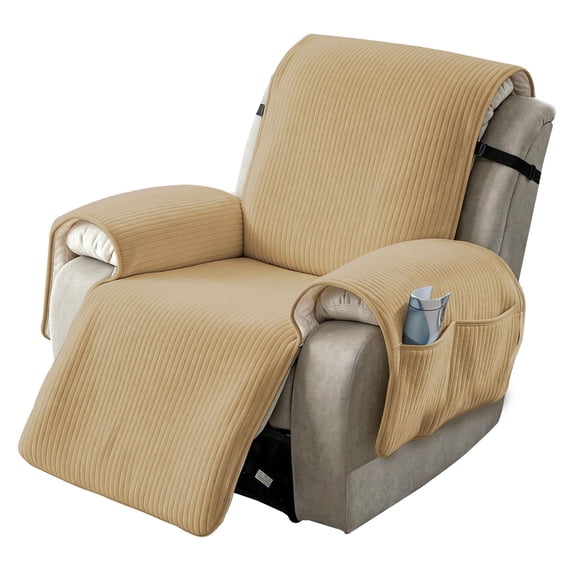 Lavish Cover 25in Recliner Cover Slipcover, Khaki Soft Striped Sofa Protector with Pockets, Non-Slip Armchair Cover for Living Room