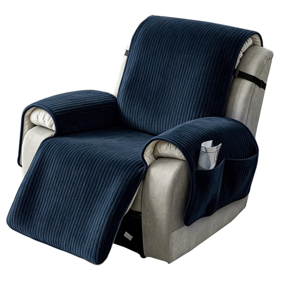 Lavish Cover 28in Recliner Cover Slipcover, Navy Blue Soft Striped Sofa Protector with Pockets, Non-Slip Armchair Cover for Living Room