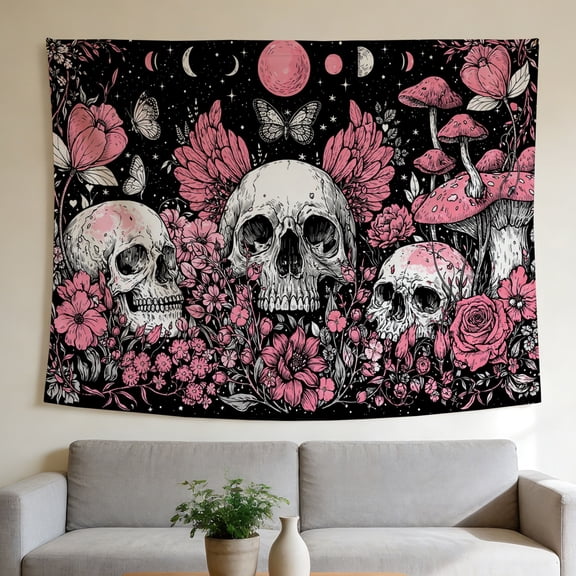 Lavish Cover 40"x30" Gothic Skull Floral Mushroom Tapestry, Pink Black Celestial Wall Hanging for Dark Aesthetic Room Decor