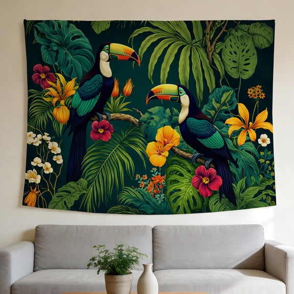 Lavish Cover 40"x30" Vintage Tropical Toucan Tapestry, Dark Jungle Botanical Wall Hanging for Gothic Room Aesthetic