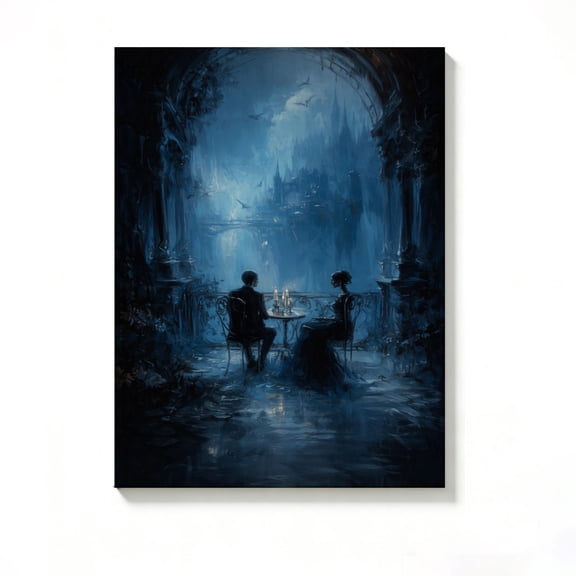Lavish Cover 8x10 Inch Dark Blue Gothic Castle Couple Dinner Canvas Wall Art, Moody Dreamy Dark Academia Decor, No Frame