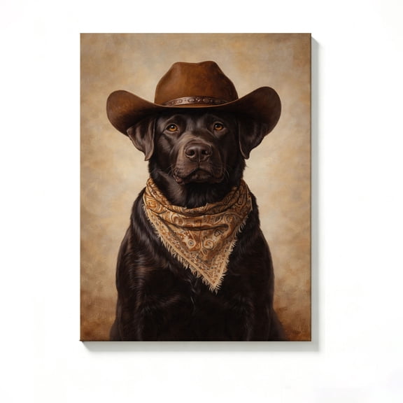 Lavish Cover 8x10 Inch Vintage Western Chocolate Labrador Cowboy Hat Bandana Canvas Wall Art, Neutral Sepia Rustic Farmhouse Country Decor, With Frame