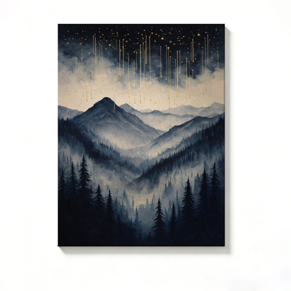 Lavish Cover 8x12 Inch Indigo Ink Wash Mountain Forest Golden Meteor Canvas Wall Art, Minimalist Neutral Modern Farmhouse Decor, No Frame