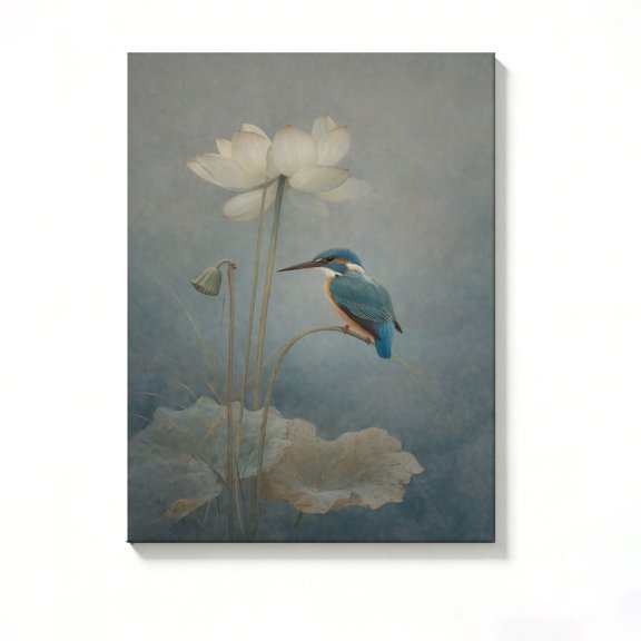 Lavish Cover 8x12 Inch Vintage Chinese Lotus & Kingfisher Bird Canvas Wall Art, Muted Grey Zen Wabi-Sabi Cottage Decor, No Frame