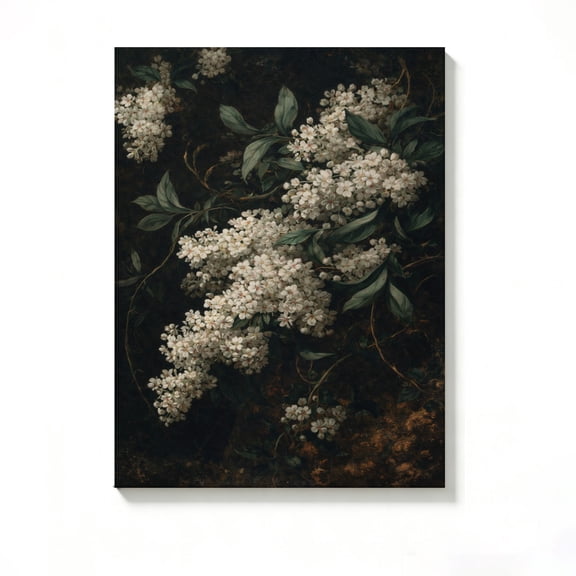 Lavish Cover 8x12 Inch Vintage Dark Background White Lilac Floral Canvas Wall Art, Moody Antique Botanical Cottage Farmhouse Decor, No Frame
