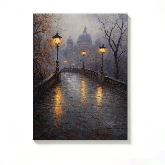 Lavish Cover 8x12 Inch Vintage Rainy European Bridge Street Lamp Canvas Wall Art, Dark Moody Neutral Classic European Decor, No Frame