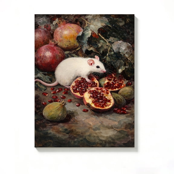 Lavish Cover 8x12 Inch Vintage White Mouse & Pomegranate Fruit Still Life Canvas Wall Art, Muted Warm Antique Cottage Decor, No Frame