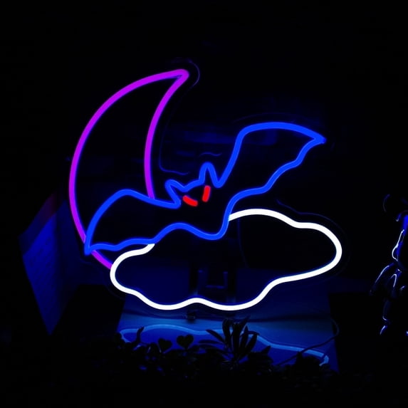 Y YUNHSOM Bat Neon Signs Halloween Decor, Moon and Bat LED Neon Lights, Bat Shape Neon Lights USB Powered for bedroom, Kids Gift, Living Room, Bar, Party, Christmas, Wedding, Halloween