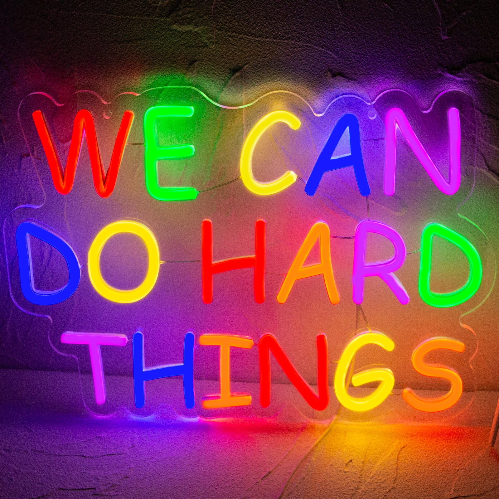 Motivational Neon Sign – "We Can Do Hard Things" Dimmable LED Wall Art, USB Powered, 10.6x13.3"