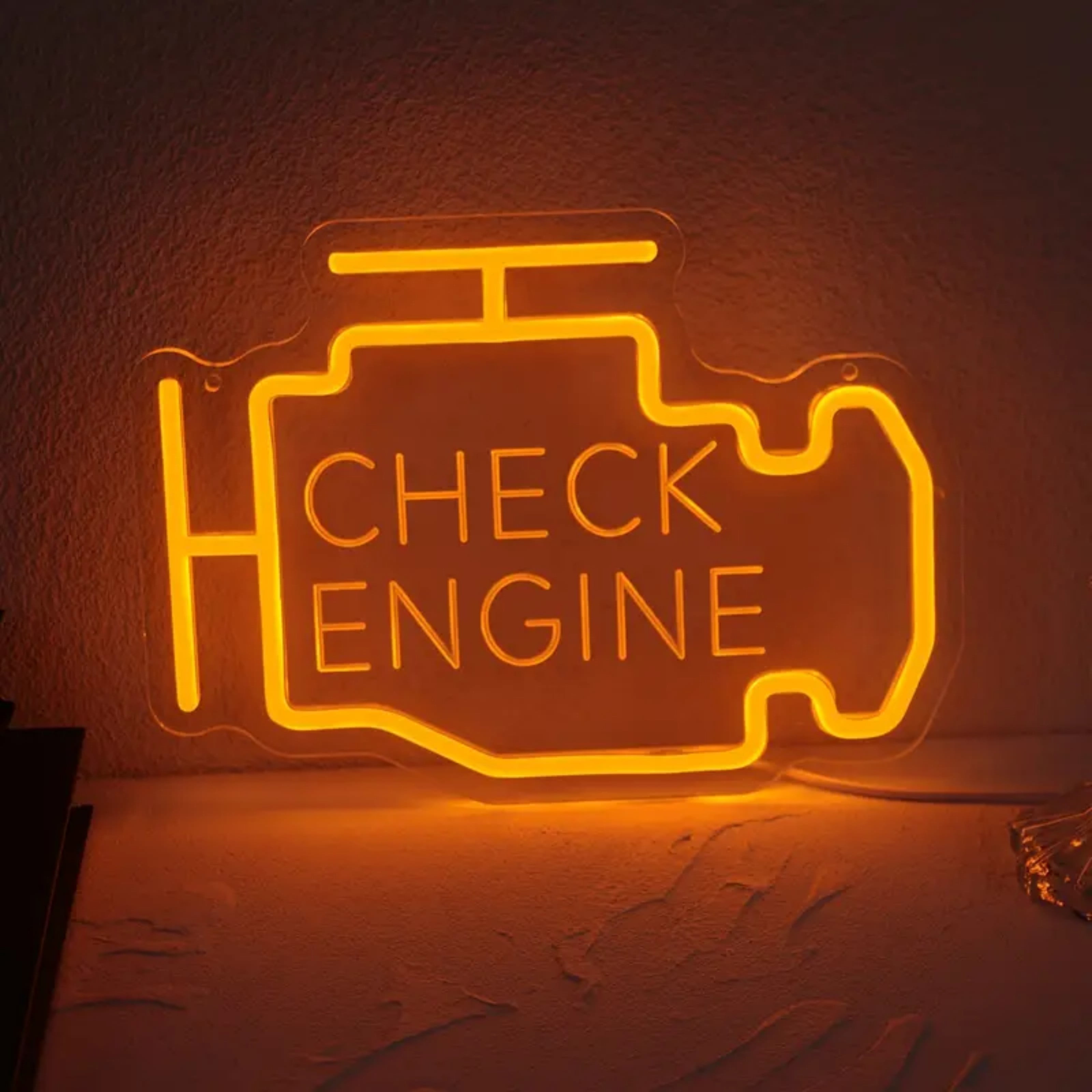 UPONRAY Check Engine Neon Signs, 11.8'*8.6' Dimmable & USB-Powered LED Neon Light, Stylish Wall Decor for Man Cave, Garage, Workshop(Engraved Letters)