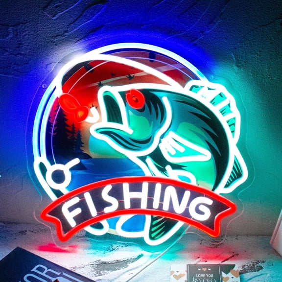 Y YUNHSOM Fishing Neon Sign Fish Neon Light for Wall Decor,Dimmable LED Fishing Hook Lights with USB Powered Fishing Decor for Fishing Gear Store Boy Gifts