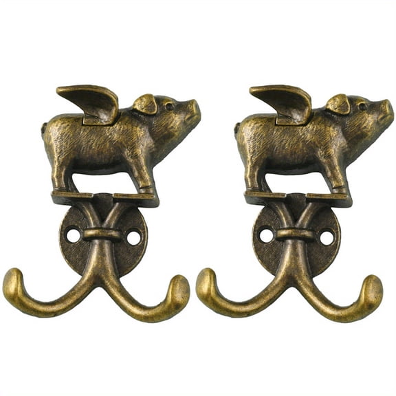 Lavish Cover Flying Pig Decorative Wall Hooks, 2PCS Vintage Bronze Alloy Double-Hook Set, Fun Animal Hangers for Keys, Hats & Towels