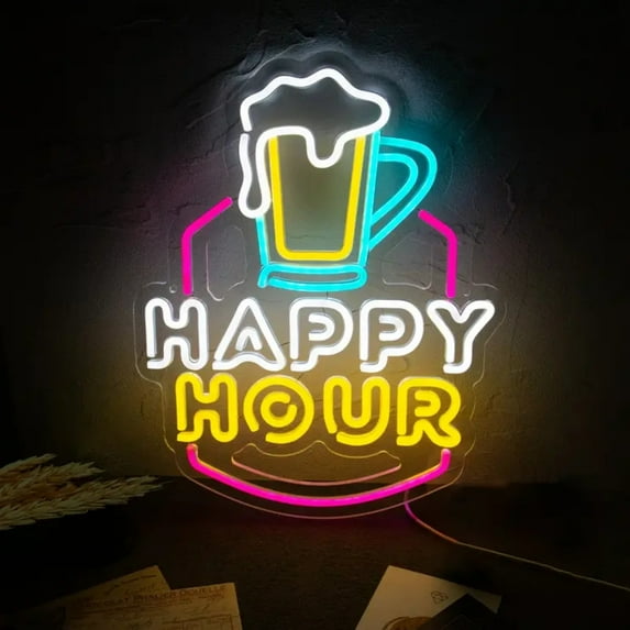 UPONRAY Happy Hour Neon Signs, 11.5"*15.3" Dimmable & USB-Powered LED Neon Light, Stylish Wall Decor for Bar, Party, Restaurant, Living Room, Man Cave