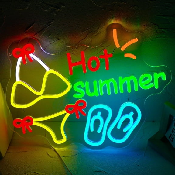Y YUNHSOM Hot Summer Neon Sign, Bikini and Flip-Flops Design, Usb Power Dimmable LED Neon Light for Wall Decor, Home, Party, and Beach(15.7*11.4 Inch)