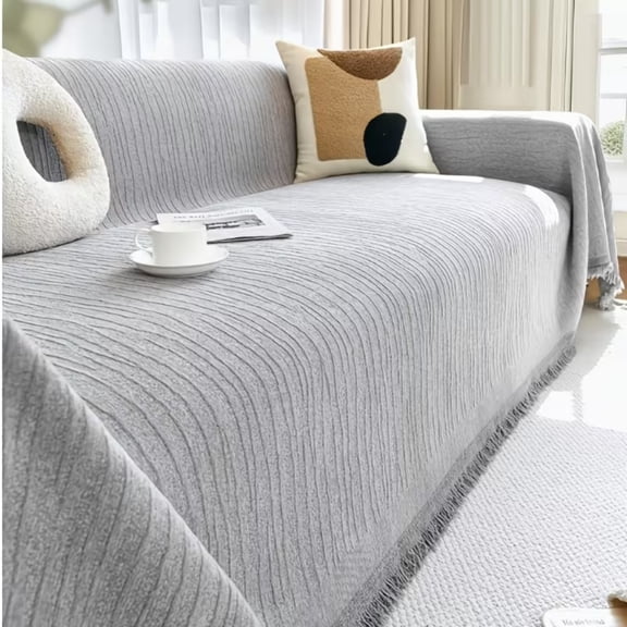 Lavish Cover Light Gray Multi-Functional Couch Cover Blanket, 70"x50" Soft Breathable Textured Sofa Throw with Tassels, Washable Furniture Protector for Pets & Kids