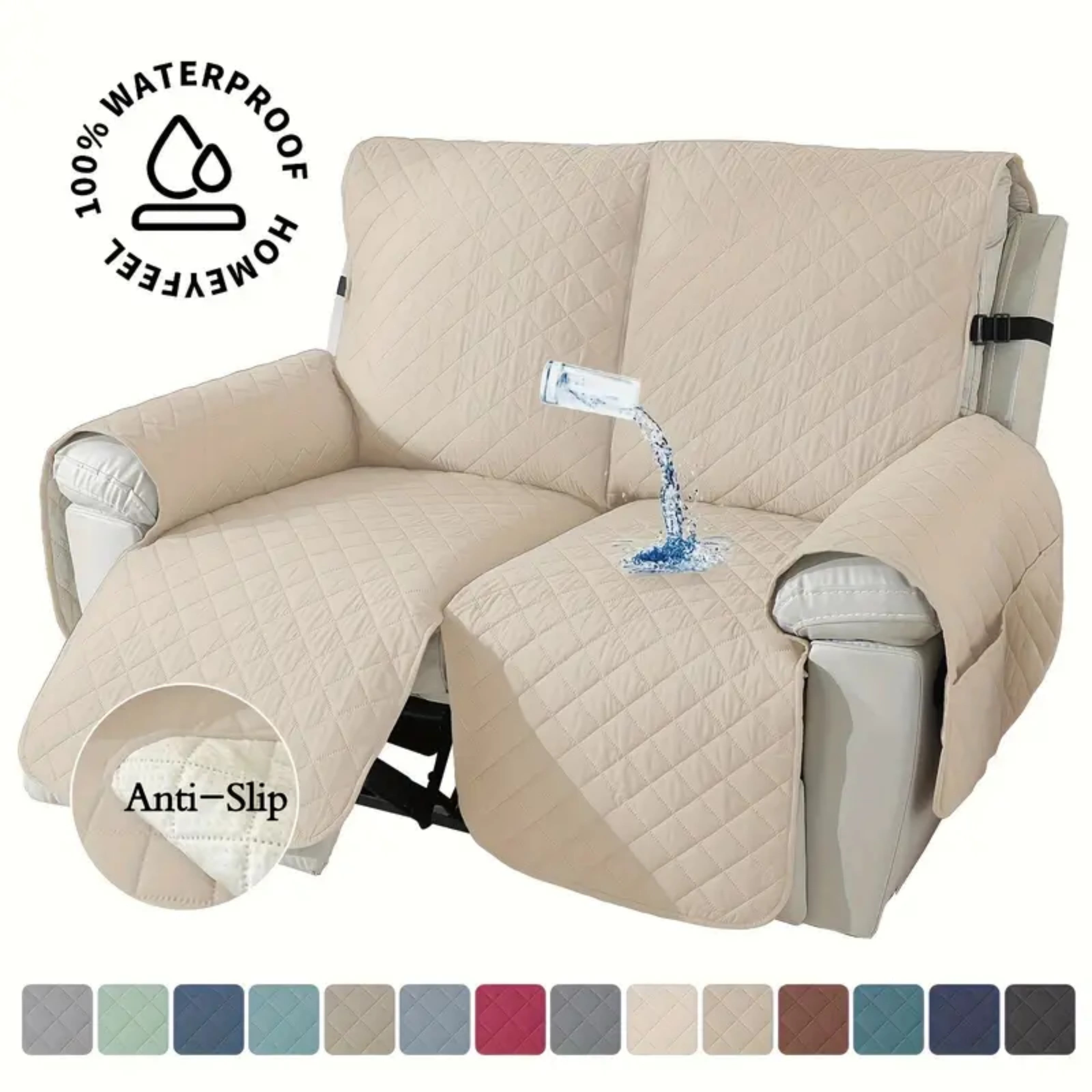 Lavish Cover 100% Waterproof Recliner Loveseat Cover, 2 Pieces Non-Slip Recliner Couch Slipcovers, Washable Furniture Protector with Pockets & Elastic Straps for Kids Pets, 2 Seaters, Beige