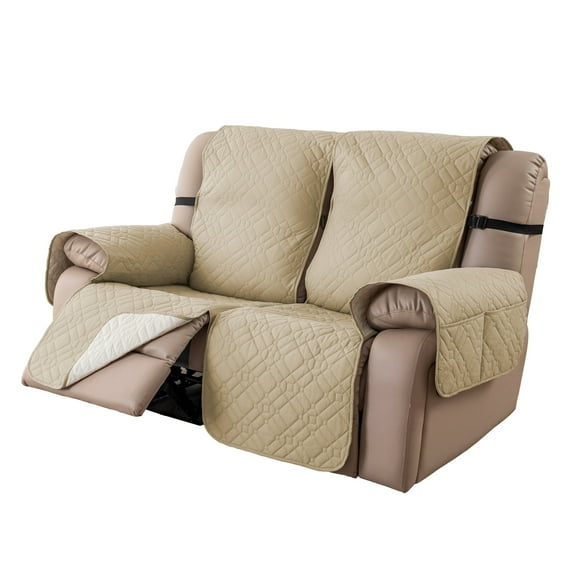 Lavish Cover 100% Waterproof Recliner Loveseat Cover, 2 Pieces Non-Slip Recliner Couch Slipcovers, Washable Furniture Protector with Pockets & Elastic Straps for Kids Pets, 2 Seaters, Beige