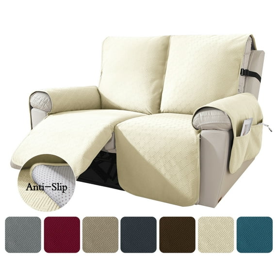 Lavish Cover 100% Waterproof Recliner Loveseat Cover, 2 Pieces Non-Slip Recliner Couch Slipcovers, Washable Furniture Protector with Pockets & Elastic Straps for Kids Pets, 2 Seaters, Beige
